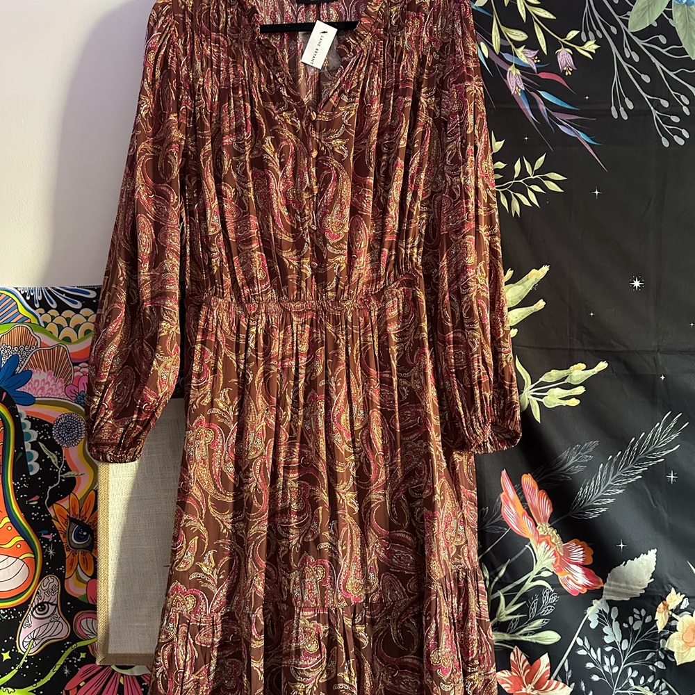 Lane Bryant Brown Pleated Long Sleeve V-Neck Sundress